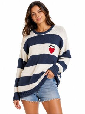 Aeropostale Amore Heart Striped Chunky Knit Sweater Navy Cream Large